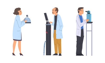 Sticker - Scientists in lab. Physicists in white coats doing scientific experiment with laboratory equipment cartoon vector illustration