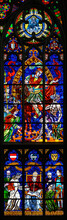 Stained-glass Window Depicting Catholic Social Reform, Above Saint Martin Of Tours, Below Pope Leo XIII. Votivkirche – Votive Church, Vienna, Austria. 2020-07-29.	