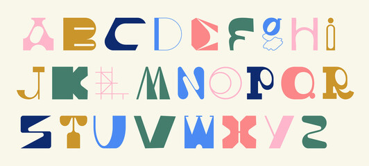 Large set of random letter shapes. English alphabet from geometric capital letters of eclectic shapes. Brutalism modern font type. Condensed and Bold font from geometric objects.