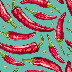 Hand drawn colorful red chili peppers. Vector seamless pattern. For kitchen design, food packaging, textiles.