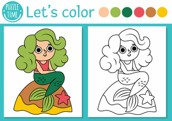 pirate coloring page for children with cute mermaid. vector treasure island outline illustration. co