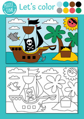 pirate coloring page for children with palm trees, treasure chest, pirate ship. vector treasure isla