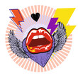 Design for a t-shirt with lips and a flying heart next to a lightning symbol. Vector illustration with glam rock style