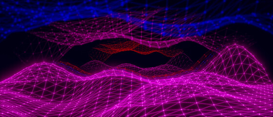 Heat wave, energize, energy transfer concept. Complex three dimensional waveform. colorful wire frame mesh on black background. Data visualization. 3D illustration, 3D rendering