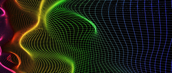 Heat wave, energize, energy transfer concept. Complex three dimensional waveform. colorful wire frame mesh on black background. Data visualization. 3D illustration, 3D rendering