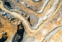 Industrial Terraces In A Mining Quarry. Aerial View Of Open Pit Mining. Excavation Of The Dolomite Mine. Extractive Industry.