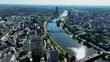 Drone flight over the Main river in the financial city Frankfurt 