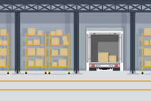 A Large Warehouse With Goods For The Delivery Of Boxes Of Parcels Of Goods On The Shelves