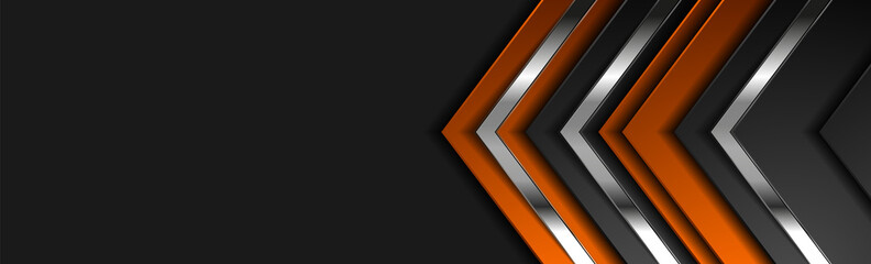 Wall Mural - Technology banner design with metallic silver arrows. Abstract geometric black and orange vector background