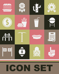 Canvas Print - Set Number 1 one fan hand glove, Declaration of independence, Barbecue grill, Cactus, Burger french fries, Coin money with dollar, and Paper glass straw icon. Vector