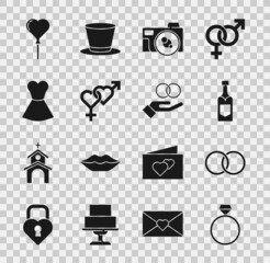 Sticker - Set Diamond engagement ring, Wedding rings, Champagne bottle, Photo camera, Gender, Woman dress, Balloons form of heart and icon. Vector