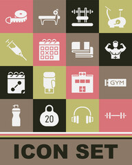 Wall Mural - Set Barbell, Location gym, Bodybuilder muscle, Bench with barbel, Calendar fitness, Doping syringe, Tape measure and Towel stack icon. Vector