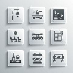 Sticker - Set End of railway tracks, Road barrier, News, Cargo train wagon, Wine bottle with glass, Waiting room, Train station bell and Route location icon. Vector