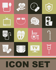 Poster - Set Crutch or crutches, Walking stick cane, Pills blister pack, Medicine pill tablet, Eyeglasses, Retro tv, Blood pressure and Grandmother icon. Vector