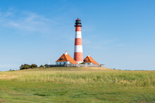 Westerheversand Lighthouse And Salzwiesen (salt Marsh) In Summer, Westerhever, Nordfriesland, Schleswig-Holstein, Germany