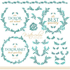 Watercolor set of badges, floral elements, wreaths and laurels