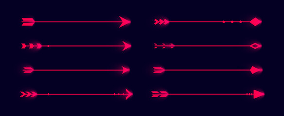 Arrow set red. Icons and badges for website, interface for development of games and shooters. Old weapons and bow equipment, hunting. Cartoon flat vector illustrations isolated on dark background