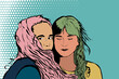 Ilustracja dwie młode kobiety kolorowe włosy komiks