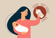 Mother With Hungry Crying Little Baby On Her Hands Holding A Feeding Bottle With Milk Formula On The Bottom.  Baby Formula Crisis Concept.