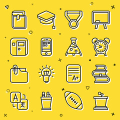 Poster - Set line Stage stand, Book, Alarm clock, Medal, Smartphone, School classroom, and Test tube flask icon. Vector