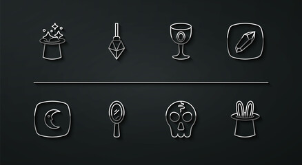 Sticker - Set line Magic hat, Moon and stars, stone, Skull, hand mirror, Magician rabbit ears and Medieval goblet icon. Vector