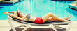Summer vacation, happy relaxing young woman lying on deckchair on pool background