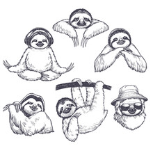 Vector Set Of Hand Drawn Illustrations Of Sloths In Different Emotions And Poses. Sketch With Funny Animals.