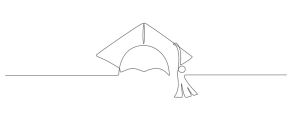 Wall Mural - One continuous line drawing of graduation hat. Studying thin symbol or logo in simple linear style. Monoline concept of student of university and college. Editable stroke. Doodle vector illustration