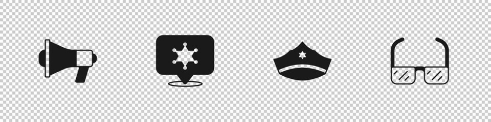 Sticker - Set Megaphone, Hexagram sheriff, Police cap with cockade and Safety goggle glasses icon. Vector