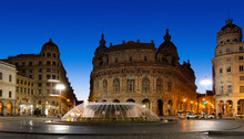 Impressive Architecture And Fountain Piazza De Ferrari At Dusk, Genoa, Italy.