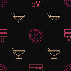 Wall Mural - Set line Pack of beer bottles, Cocktail and Alcohol 21 plus on seamless pattern. Vector