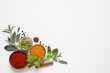 Different herbs and spices on white background, top view
