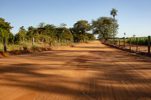Rural Dirt Road Running Through Farms, With Trees And Fences On The Side And Blue Sky In High Resolution