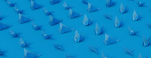 Blue Origami Birds. Minimalist Design Banner With Blue Background.