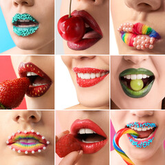 Sticker - Collage with beautiful creative makeup of female lips, closeup