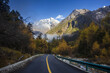 © View Stock - Wenzhou Waterfall in Aba, Sichuan Province, with yellow leaves, highway, distant mountains and white clouds