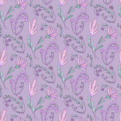 Wall Mural - Vector hand drawn doodle outline decorative seamless pattern flowers on a beige background, for design of fabric, wallpaper, scarf in pastel colors