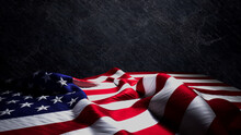 Premium Banner For Memorial Day With American Flag, Black Stone Background And Copy-Space.