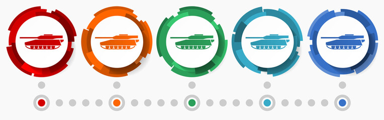 Leinwandbilder - Tank, army concept vector icon set, modern design abstract web buttons in 5 color options, infographic template for webdesign and mobile apps
