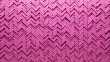 Semigloss Tiles Arranged To Create A 3D Wall. Herringbone, Futuristic Background Formed From Pink Blocks. 3D Render