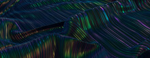 Black Liquid Background With Ripples. Futuristic Texture With Neon Highlights.