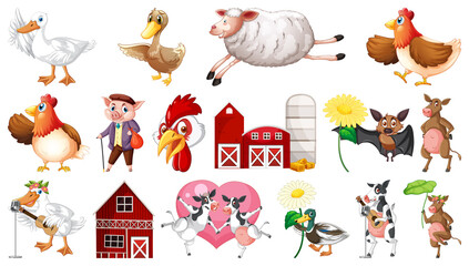 Sticker - Farm animals and barn on white background