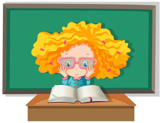 Sticker - Student with curly hair reading a book wih board on the background