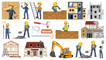 Poster - Set of construction site objects and workers