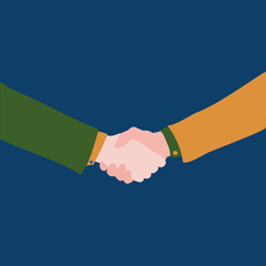 Business partnership handshake vector illustration. Deal sign businessmen or women of different race, people hands shaking for contract agreement, win - win strategy concept, successful deal poster.