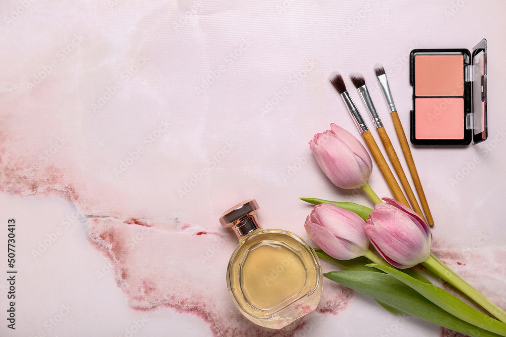 Composition with female accessories and beautiful tulips on color background