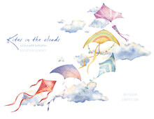 Watercolor Hand Drawn Illustration Of Colorful Sky Kites Toys In Blue Clouds. Vintage Style Delicate Composition Isolated On White Background. Romantic Beautiful Summer Art.