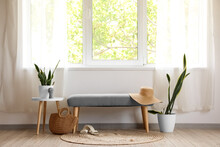Soft Bench With Hat, Shoes, Bag And Houseplants Near Window