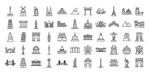 set of simple icon tourist destinations around the world. iconic landmarks of famous cities in vecto