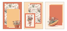 Vector Set From Three Card With Illustration Of Wildflowers, Pattern, Bouquet, Basket And Umbrella With Flowers. Floral Background With Place For Text. Use For Postcard, Poster, Banner, Flower Shop.